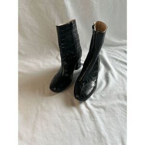 Black Alligator Print Block Heel Boots, Size 10, Side Zip, Square Toe